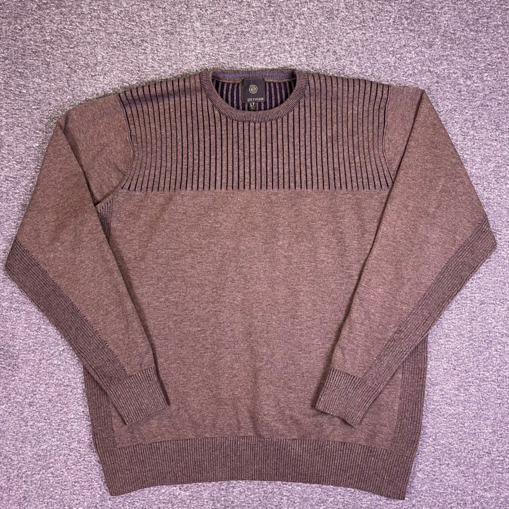 FX Fusion Sweater Mens LT Brown Striped Knit Crew Neck Long Sleeve Pullover Cozy